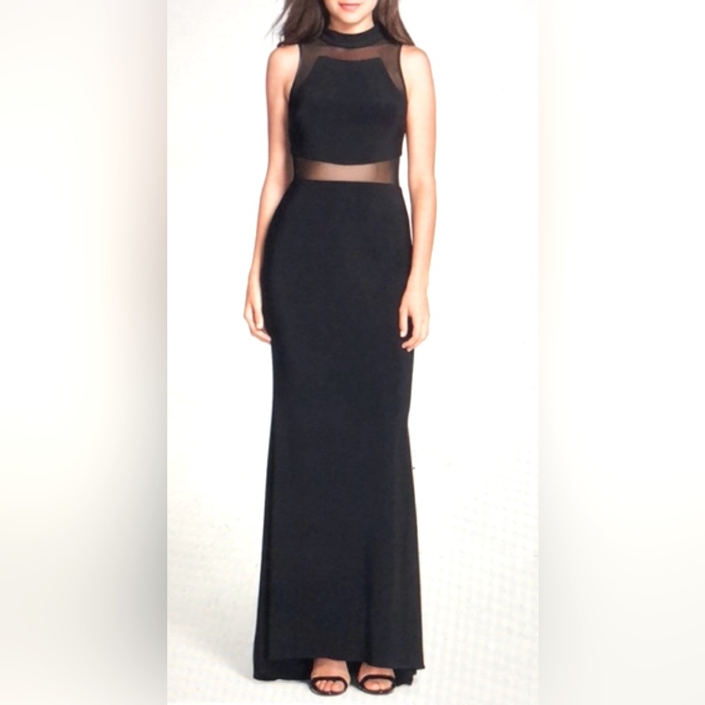 Betsy & Adam Sleeveless Mock Neck Illusion Bodice Jersey Gown w Mini Train B2